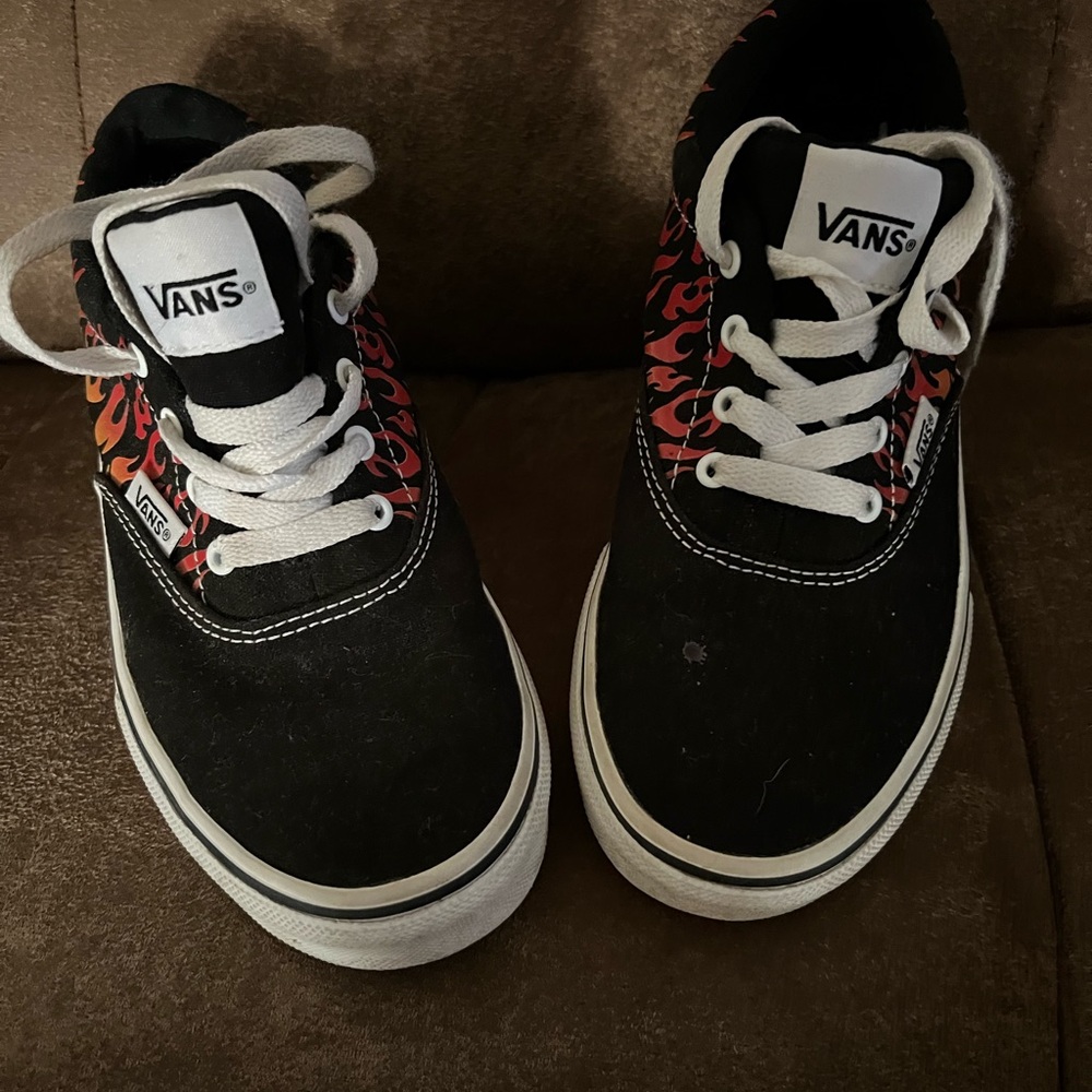 Vans Black Canvas Sneakers with Red Flame Design